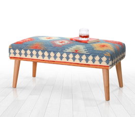 Atelier Del Sofa Banco Azul Algodón Lino Patas Haya 91x46x42 cm Comodidad y Estilo
